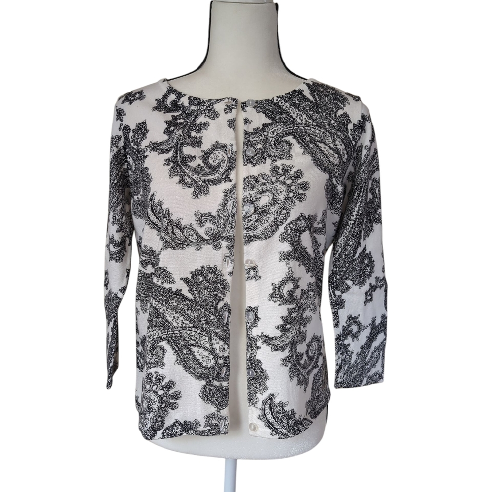 Pendleton Paisley Button Up Cardigan Sweater SMALL Black White FLAW